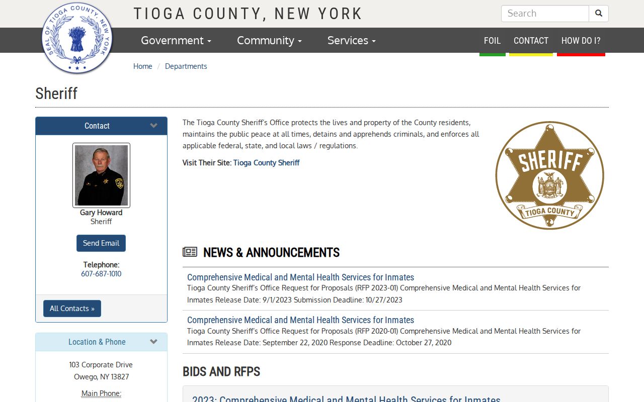 Tioga County arrest and jail records contact page