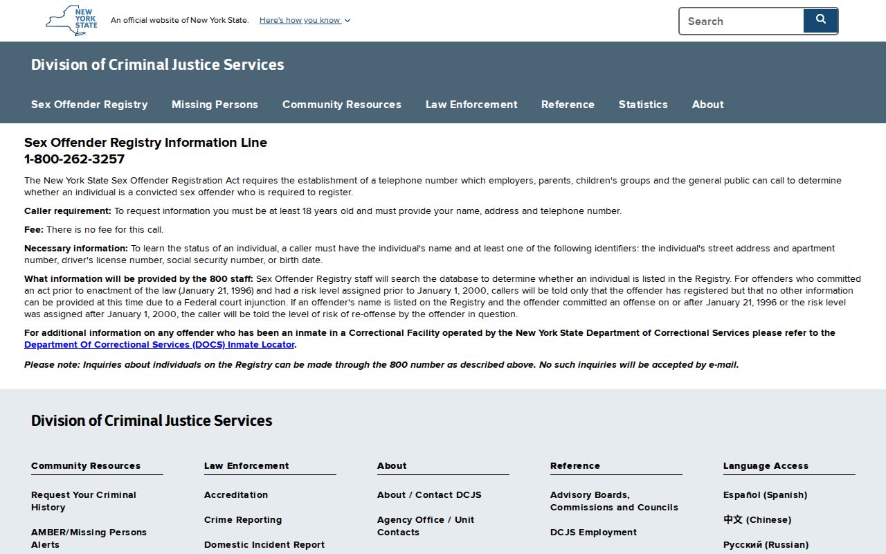 Tioga County sex offender record instructions for Level 1 telephone searches